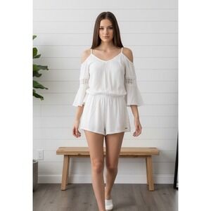 ROXY White Lace Bell Sleeve Romper Women's Size L Island Joy Viscose Casual